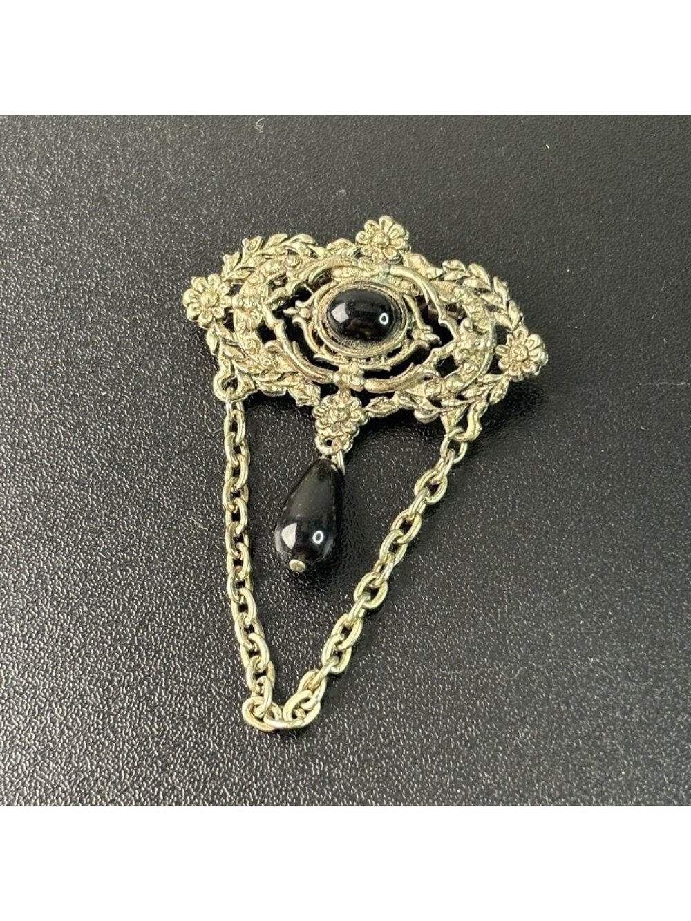 Vintage Victorian Filigree Style Brooch Pin w/ Chain Black Center Stone 2" Wide